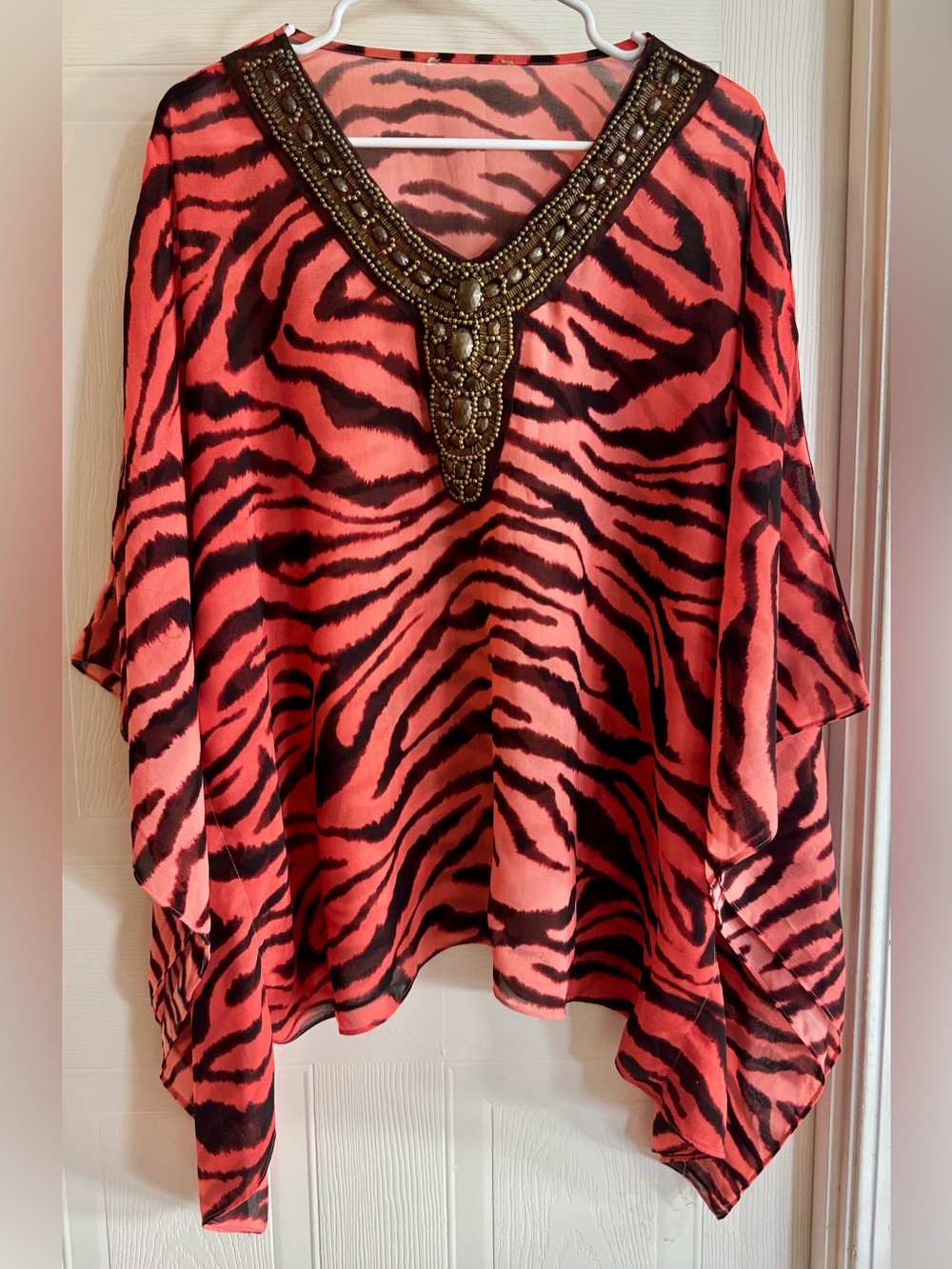 One Size Beaded V-Neck Zebra Animal Print Kaftan Tunic Swim Cover Up